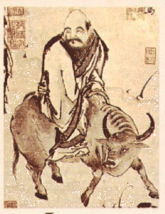 Lao Tzu riding an ox into the wilderness.