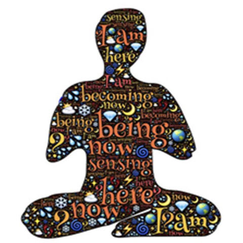 Word Cloud in the shape of a sitting meditator.