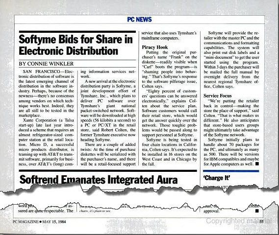 Clipping from PC Magazine article about Softyme. Headline: Softyme Bids for Share in Electronic Distribution.